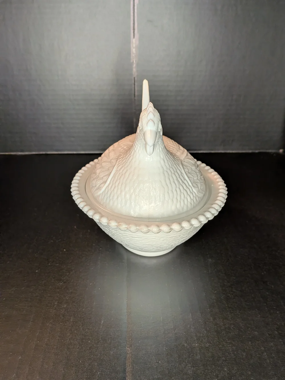 Vintage Indiana White Milk Glass Hen on Nest Covered Dish Beaded Edge Glossy
